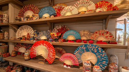Traditional woven fans and decor items displayed on shelves at a cultural crafts expoの素材