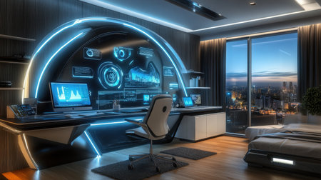 A futuristic home office setup with smart desk lighting and voice-activated equipmentの素材