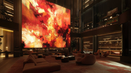 A digital wall art display changing scenes automatically in a smart living roomの素材