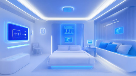 Bedroom featuring smart temperature regulation and an AI system that adjusts for optimal sleepの素材