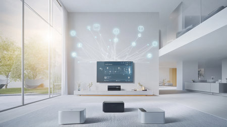 Centralized smart hub showing home connectivity settings in a minimalist roomの素材