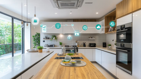 Control panel mapping out connected home devices by room and activityの素材
