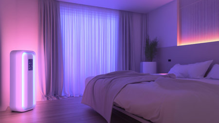 High-tech bedroom with smart curtains, dimmable lights, and app-controlled air purifierの素材