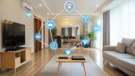 Interconnected devices in a home office, all managed through one smart systemの素材