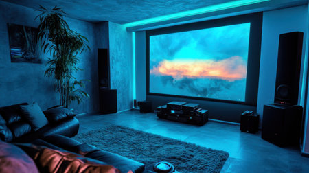 Light strips outlining home theater screen controlled by a mobile lighting appの素材