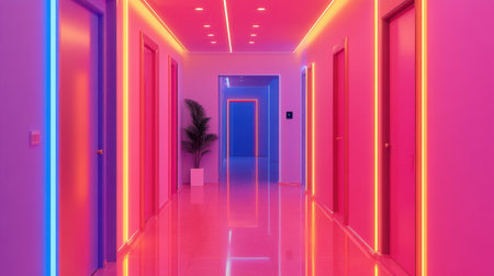 Motion sensors and smart lights automatically adjusting in a minimalist hallwayの素材