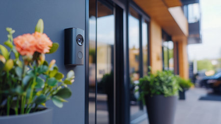 Smart doorbell with HD camera and motion detection installed on a stylish home entranceの素材