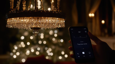 Smart chandelier showcasing decorative lighting options via app dashboardの素材