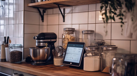 Smart kitchen scale and recipe display on a tablet in a tidy cooking spaceの素材