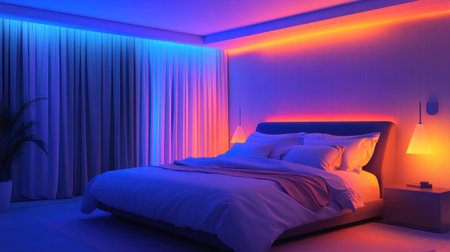Smart light bulbs changing colors in a cozy bedroom with ambient lightingの素材