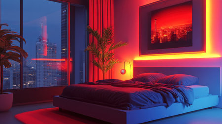 Voice-activated assistant controlling lights in a cozy, tech-enhanced bedroomの素材