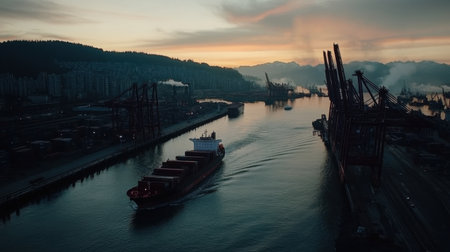 Aerial view of cargo ship entering busy shipping port with cranes and warehousesの素材