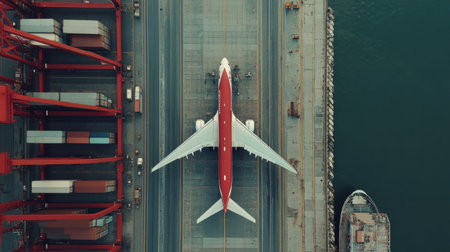 Aerial shot of massive logistics terminal with cargo planes in motionの素材