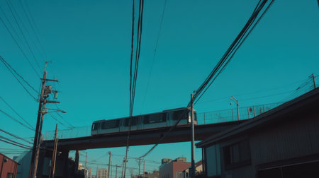 An elevated metro line running smoothly above city streets with clear blue skies in the backgroundの素材