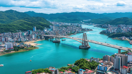 Bridges connecting islands over a wide river, part of a modern transportation networkの素材