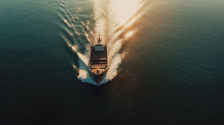 Cargo ship sailing through calm ocean with waves and gentle reflectionsの素材