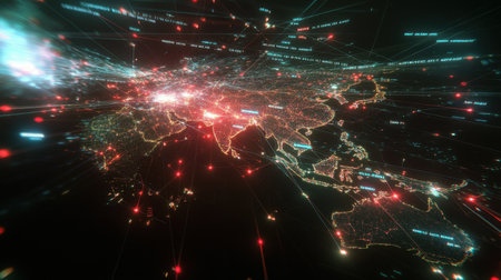 A logistics distribution network map on a digital screen showing supply chain dataの素材