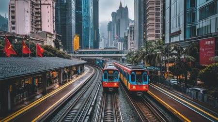 A large metro railway system in a city with modern trains running on elevated tracksの素材
