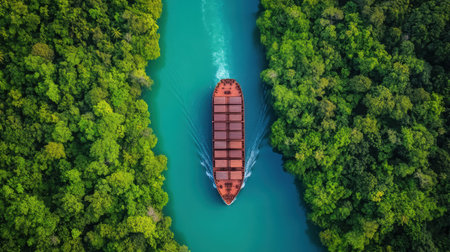 Cargo ship making way through narrow canal surrounded by trees and banksの素材