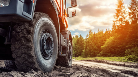 Close-up of modern truck wheels and suspension system on rough surfaceの素材