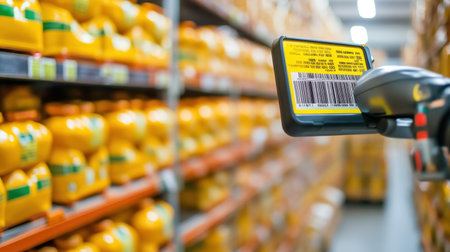 Close-up of a barcode scanner reading labels on goods in a warehouseの素材