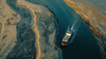 Bulk carrier loaded with raw materials sailing along deep water channelの素材