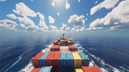 Container ship on open sea with bright red, blue, and yellow cargo containersの素材