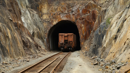 Cargo train entering long, dark tunnel carved into rocky hillside in rural areaの素材