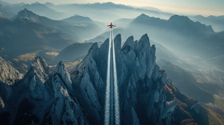 Jet plane ascending above mountain range with contrail trailing behindの素材