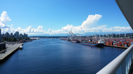 Expansive view of a large port with shipping containers and cranes for handling cargoの素材