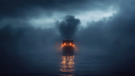 Freight ship sailing through heavy fog with blinking navigation lightsの素材