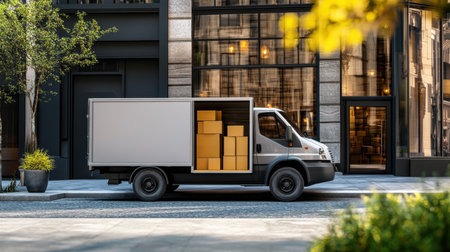 Small box truck with open doors ready for package loading at sidewalk curbの素材