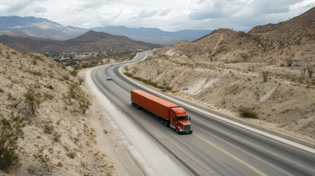 Empty highway stretching through mountains with transport trucks in motion under cloudy skiesの素材