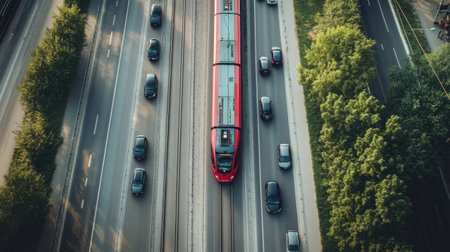 Overhead view of electric train moving beside highway filled with carsの素材