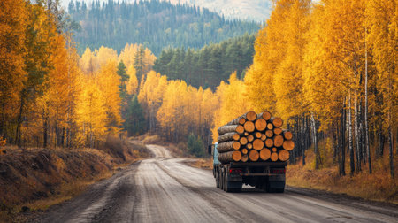 Logging truck carrying large tree trunks through rural forest roadの素材