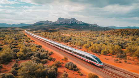 High-speed train tracks stretching across open fields with mountains in the backgroundの素材