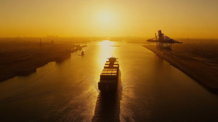 Large shipping vessel approaching industrial harbor through breakwatersの素材