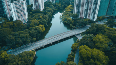 Elevated view of bridge connecting road network across wide riverの素材