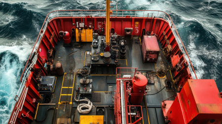 Overhead view of cargo ship with detailed deck equipment and containersの素材