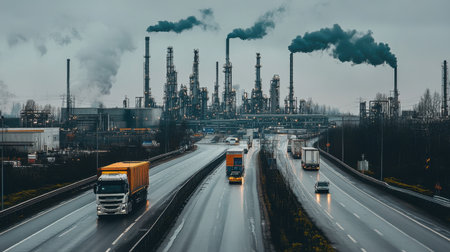 Industrial road with oil tankers and logistics trailers under overcast skyの素材