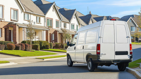 Delivery van parked on residential street beside rows of houses and drivewaysの素材