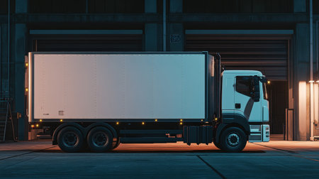 Refrigerated truck with insulated trailer parked at cold storage loading dockの素材