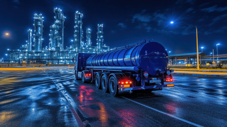 Oil tanker truck parked near fuel station in industrial refinery zoneの素材