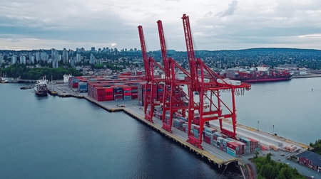 Modern container terminal with gantry cranes loading a large shipの素材