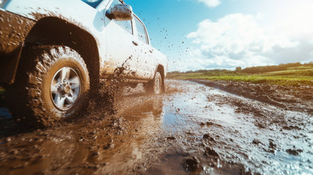 Off-road truck driving through muddy terrain with dirt flying in dramatic motionの素材