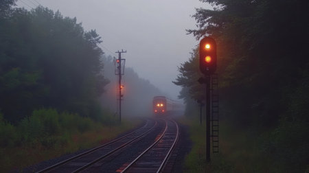 Train tracks disappearing into fog with signal lights glowing in the morning mistの素材