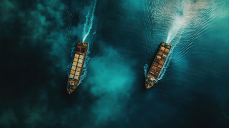 Twin cargo ships traveling in parallel across calm, deep blue oceanの素材