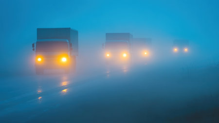 Truck convoy moving through foggy countryside with faint headlight glowsの素材