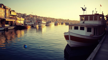 Quiet harbor with moored cargo vessel waiting for next departureの素材