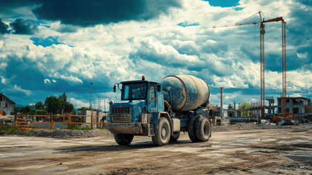 Industrial cement mixer truck spinning barrel at construction locationの素材